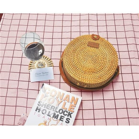 Handwoven Round Rattan Bag Made In Vietnam, Real Leather Adjustable Strap Bag - Picture 4 of 6